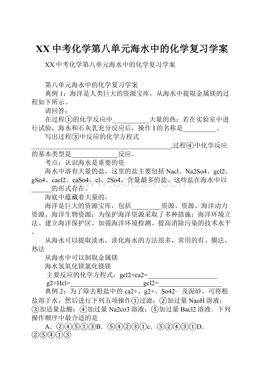 XX中考化学第八单元海水中的化学复习学案.docx