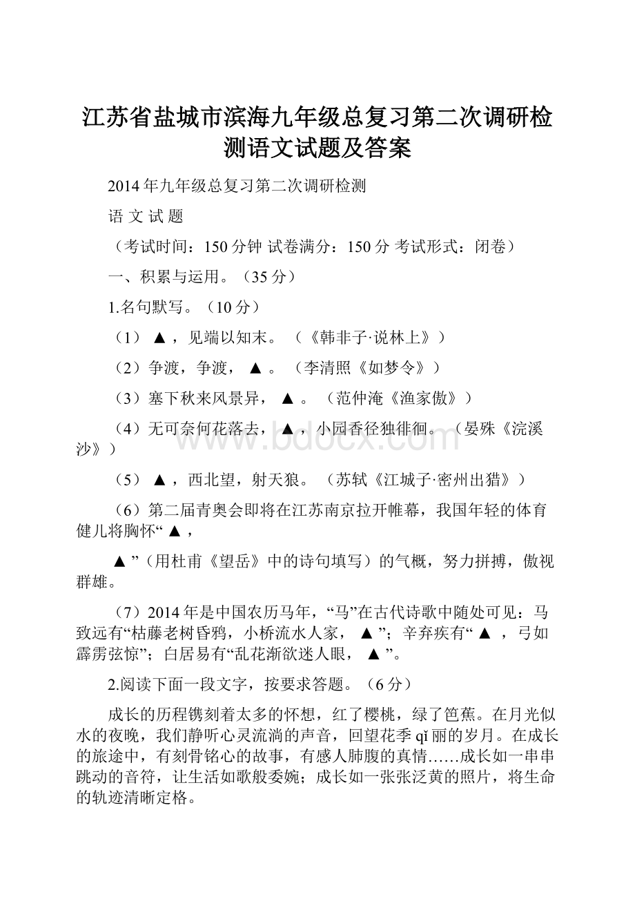 江苏省盐城市滨海九年级总复习第二次调研检测语文试题及答案.docx