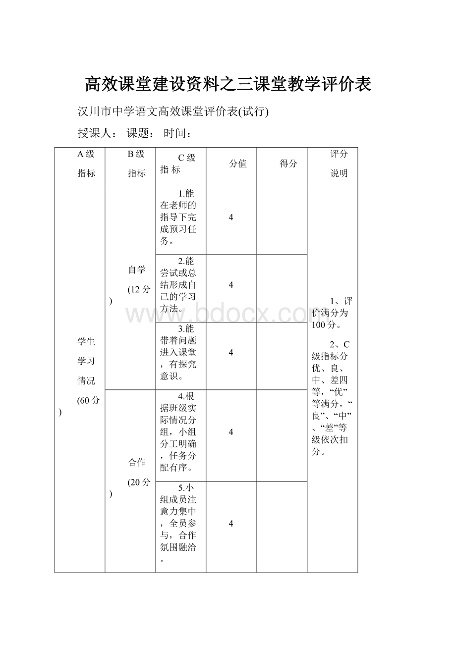 高效课堂建设资料之三课堂教学评价表.docx