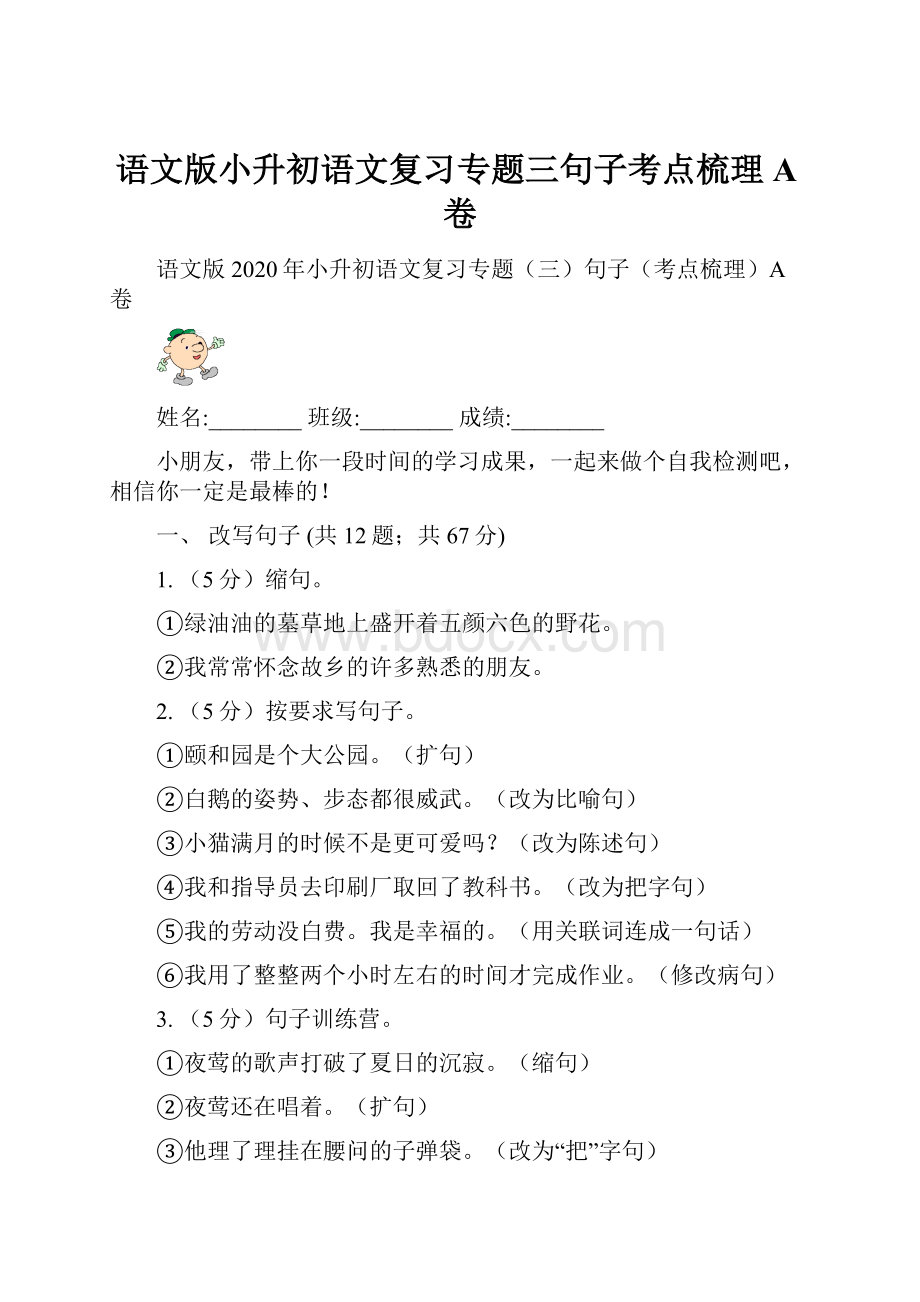 语文版小升初语文复习专题三句子考点梳理A卷.docx