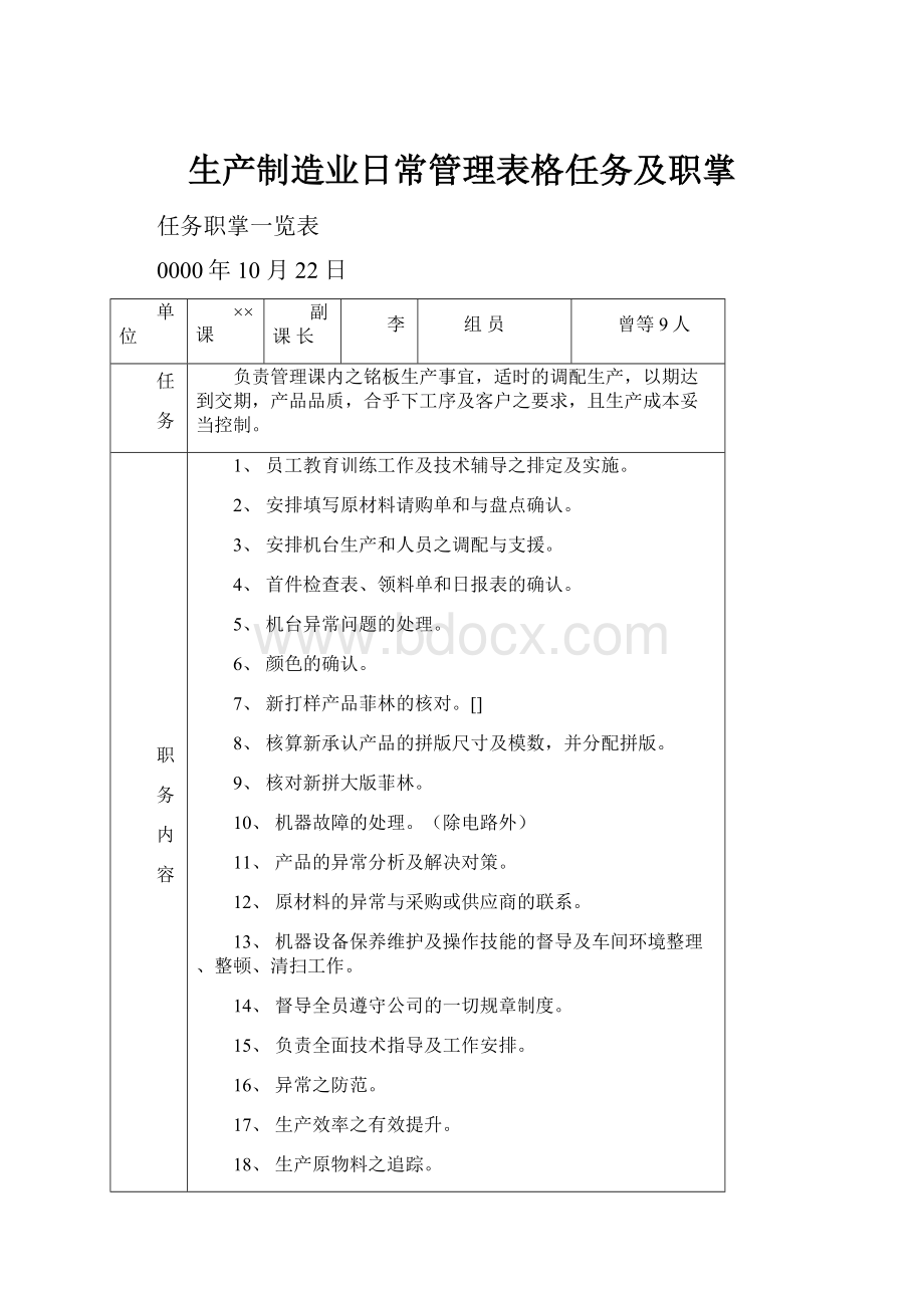 生产制造业日常管理表格任务及职掌.docx