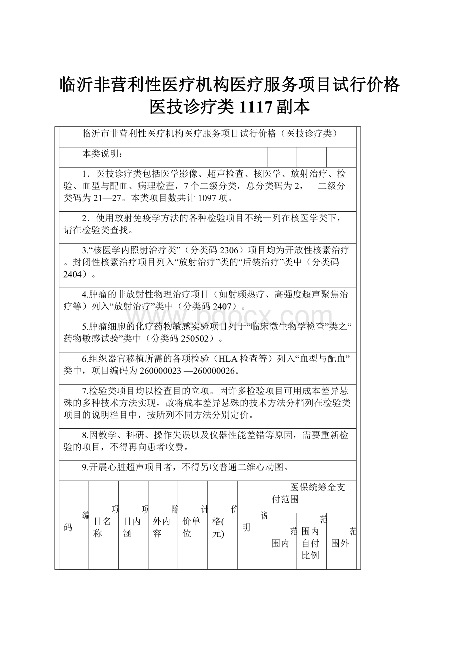 临沂非营利性医疗机构医疗服务项目试行价格医技诊疗类1117副本.docx