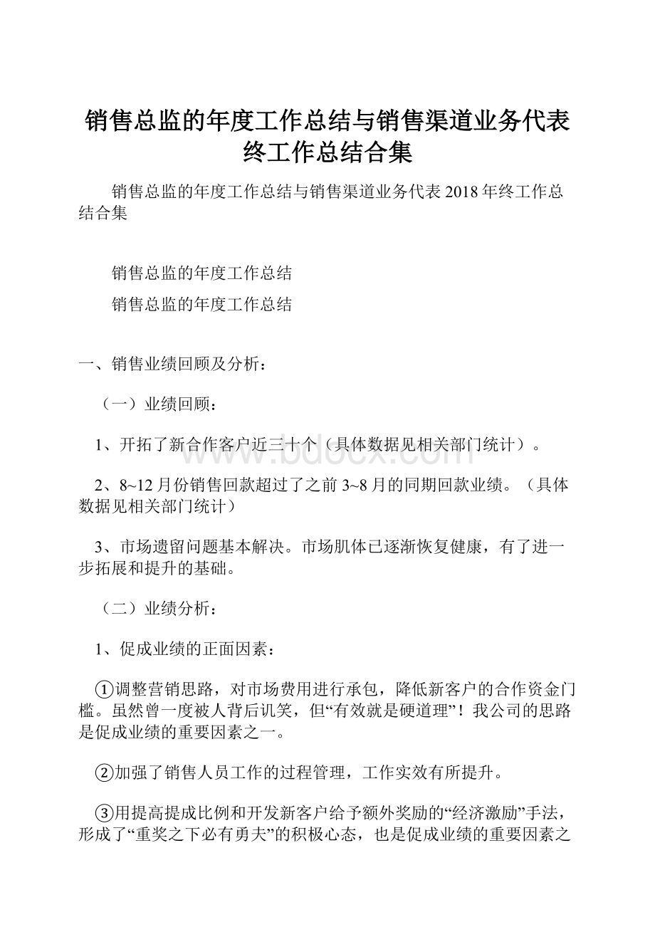 销售总监的年度工作总结与销售渠道业务代表终工作总结合集.docx_第1页