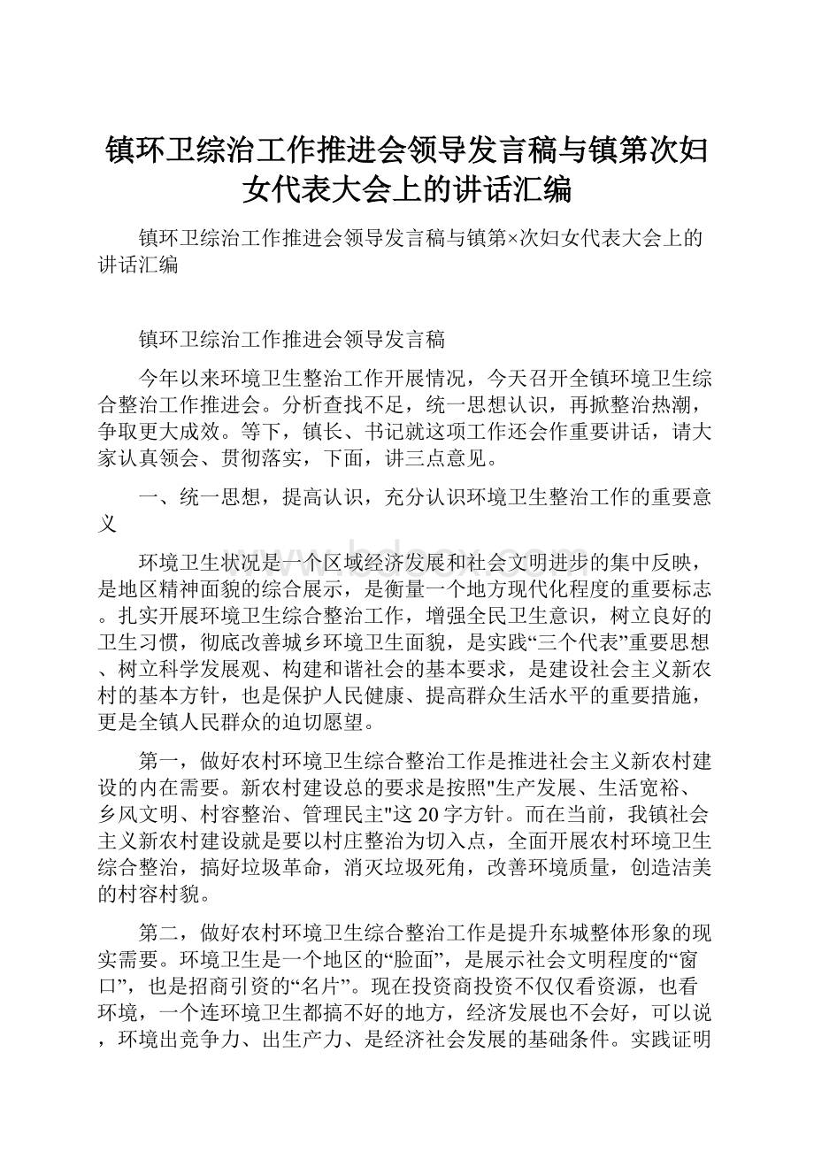 镇环卫综治工作推进会领导发言稿与镇第次妇女代表大会上的讲话汇编.docx