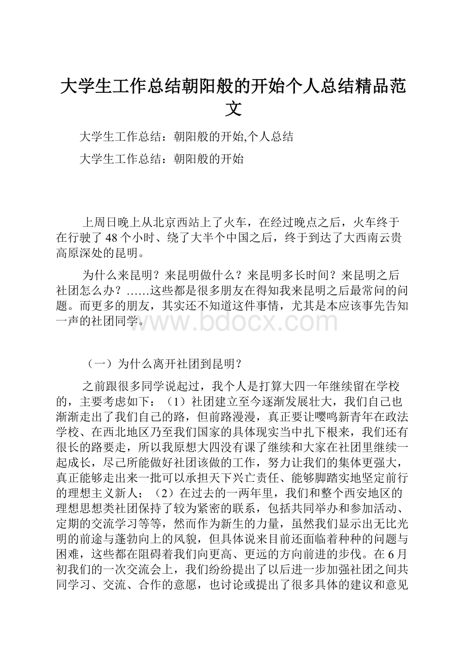 大学生工作总结朝阳般的开始个人总结精品范文.docx