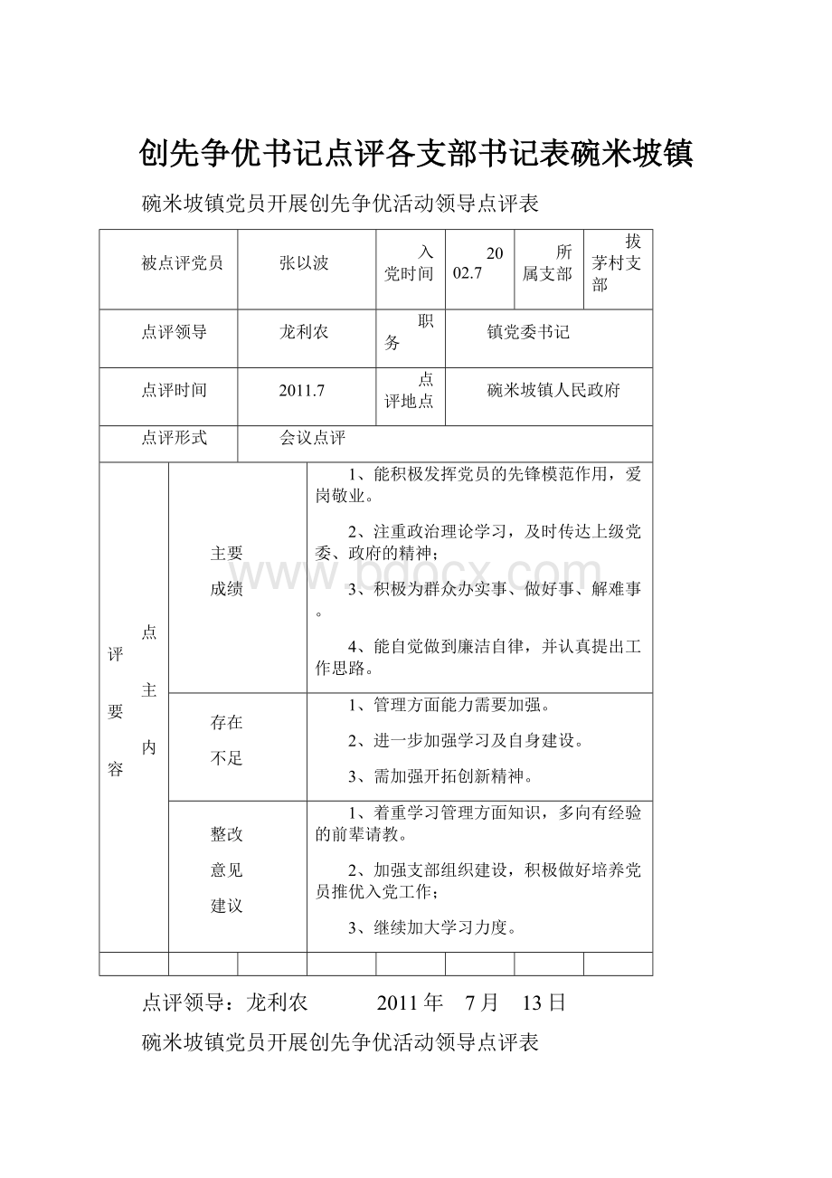 创先争优书记点评各支部书记表碗米坡镇.docx