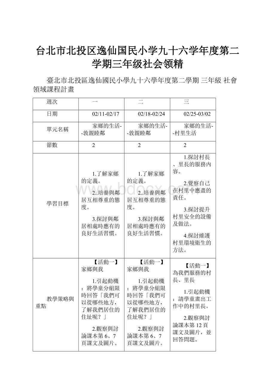 台北市北投区逸仙国民小学九十六学年度第二学期三年级社会领精.docx_第1页