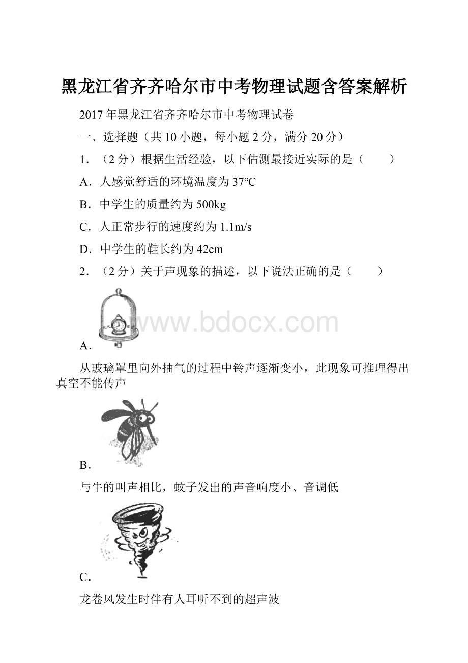 黑龙江省齐齐哈尔市中考物理试题含答案解析.docx_第1页