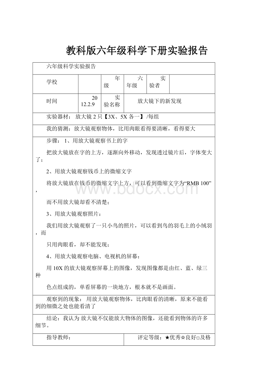 教科版六年级科学下册实验报告.docx