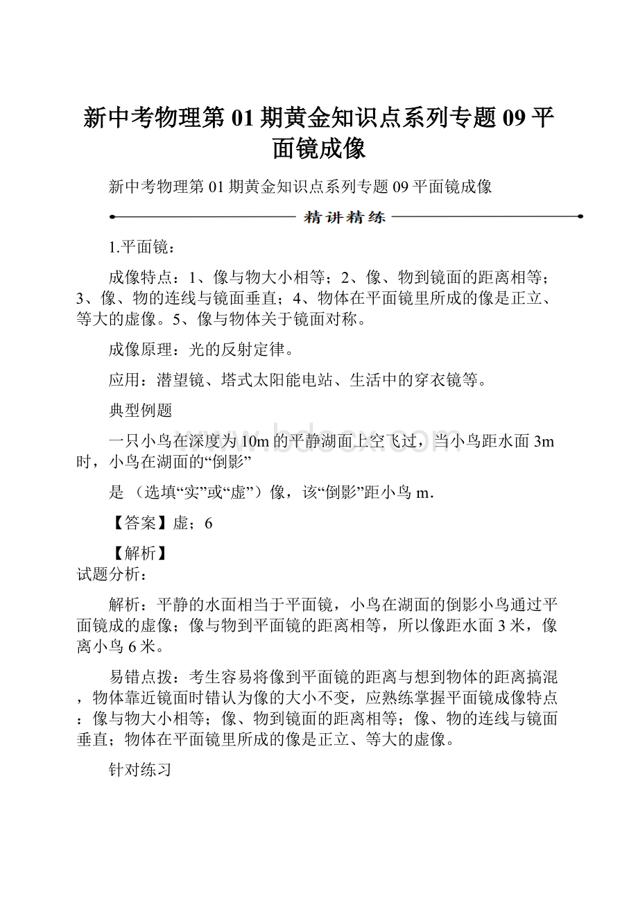 新中考物理第01期黄金知识点系列专题09平面镜成像.docx