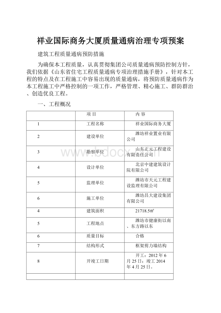 祥业国际商务大厦质量通病治理专项预案.docx