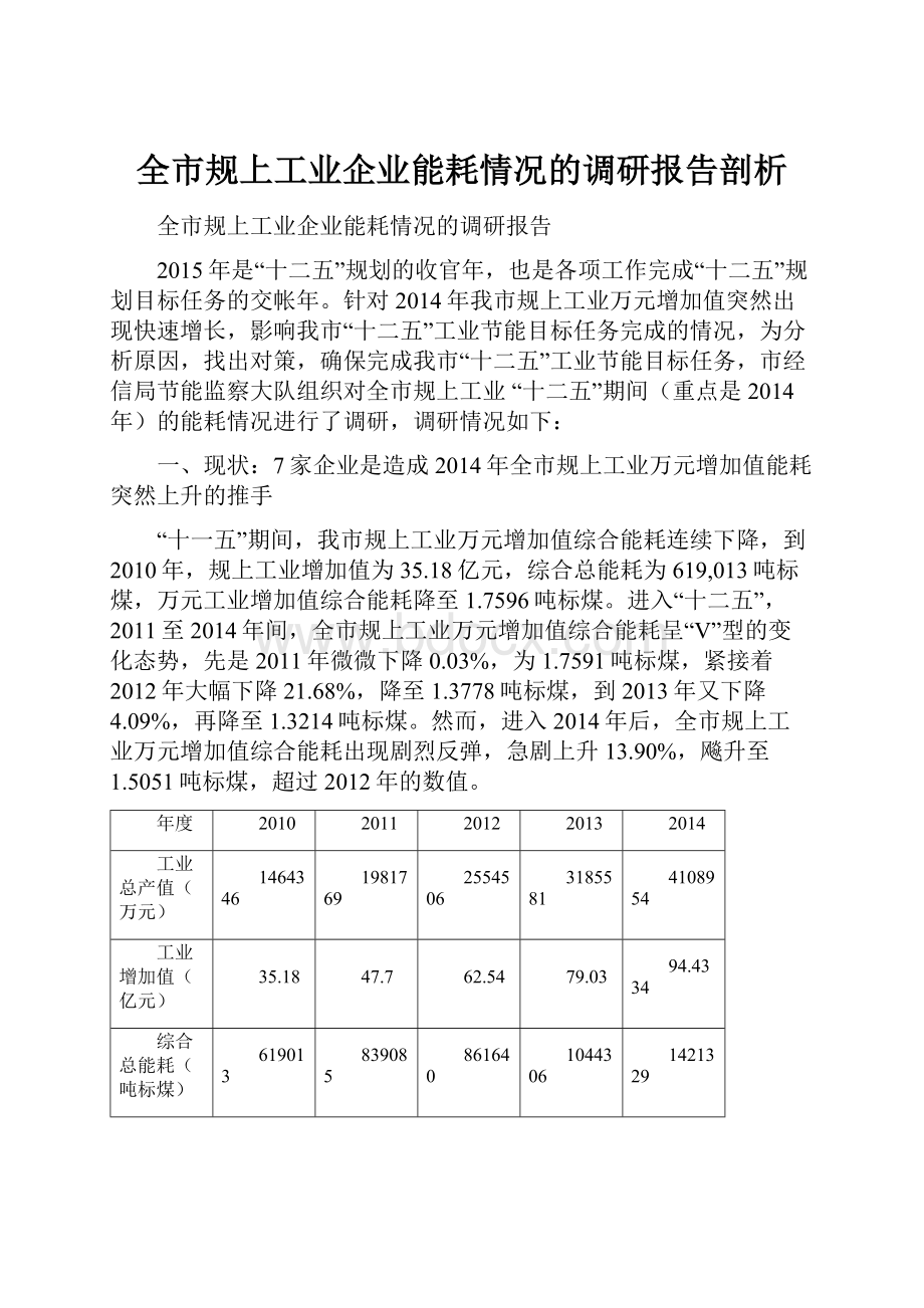 全市规上工业企业能耗情况的调研报告剖析.docx_第1页