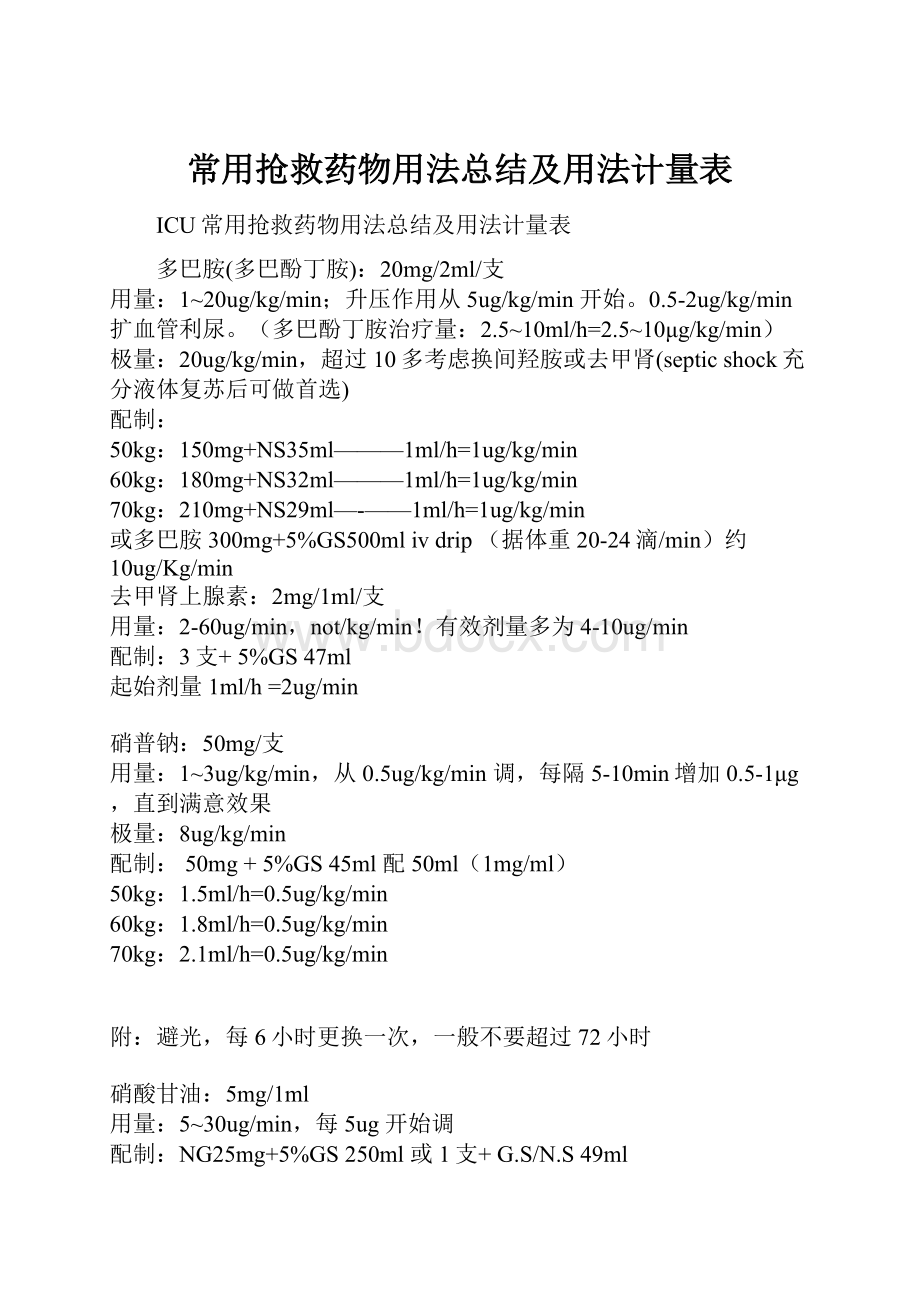 常用抢救药物用法总结及用法计量表.docx