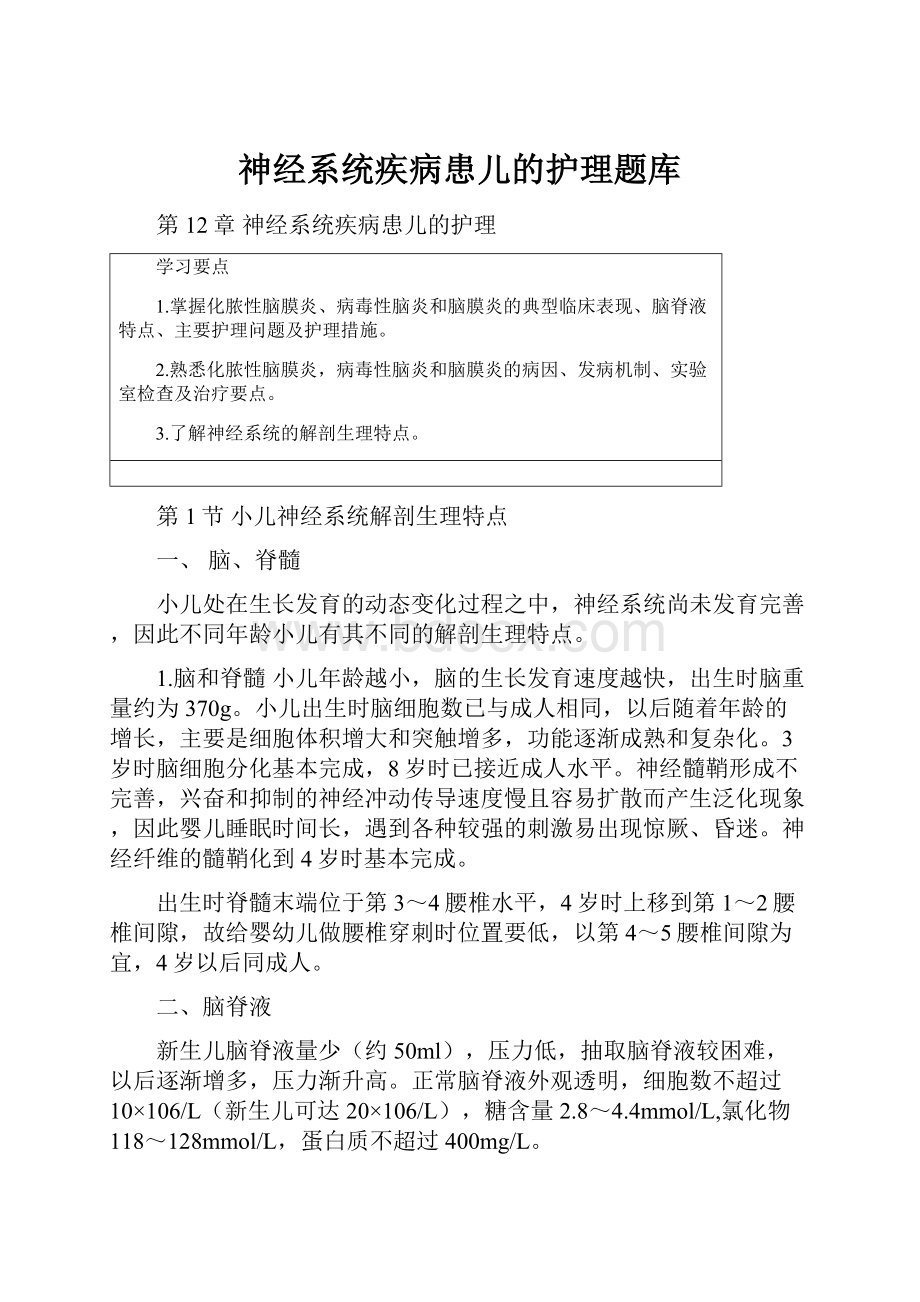 神经系统疾病患儿的护理题库.docx