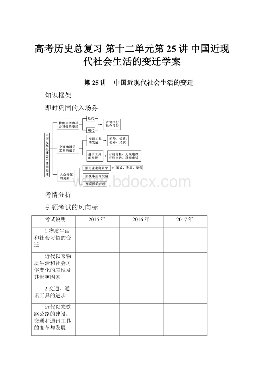 高考历史总复习 第十二单元第25讲 中国近现代社会生活的变迁学案.docx_第1页