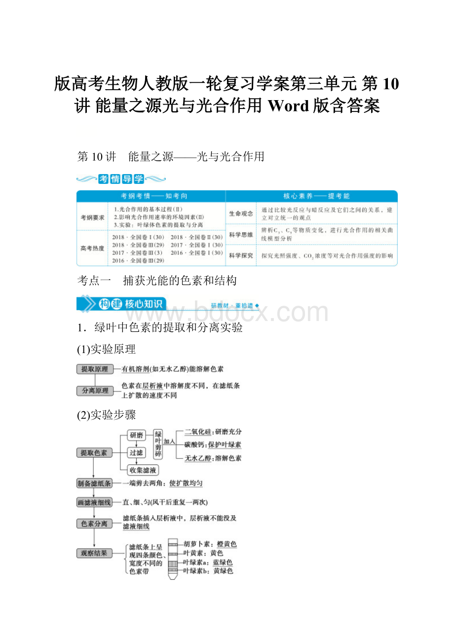 版高考生物人教版一轮复习学案第三单元 第10讲 能量之源光与光合作用 Word版含答案.docx