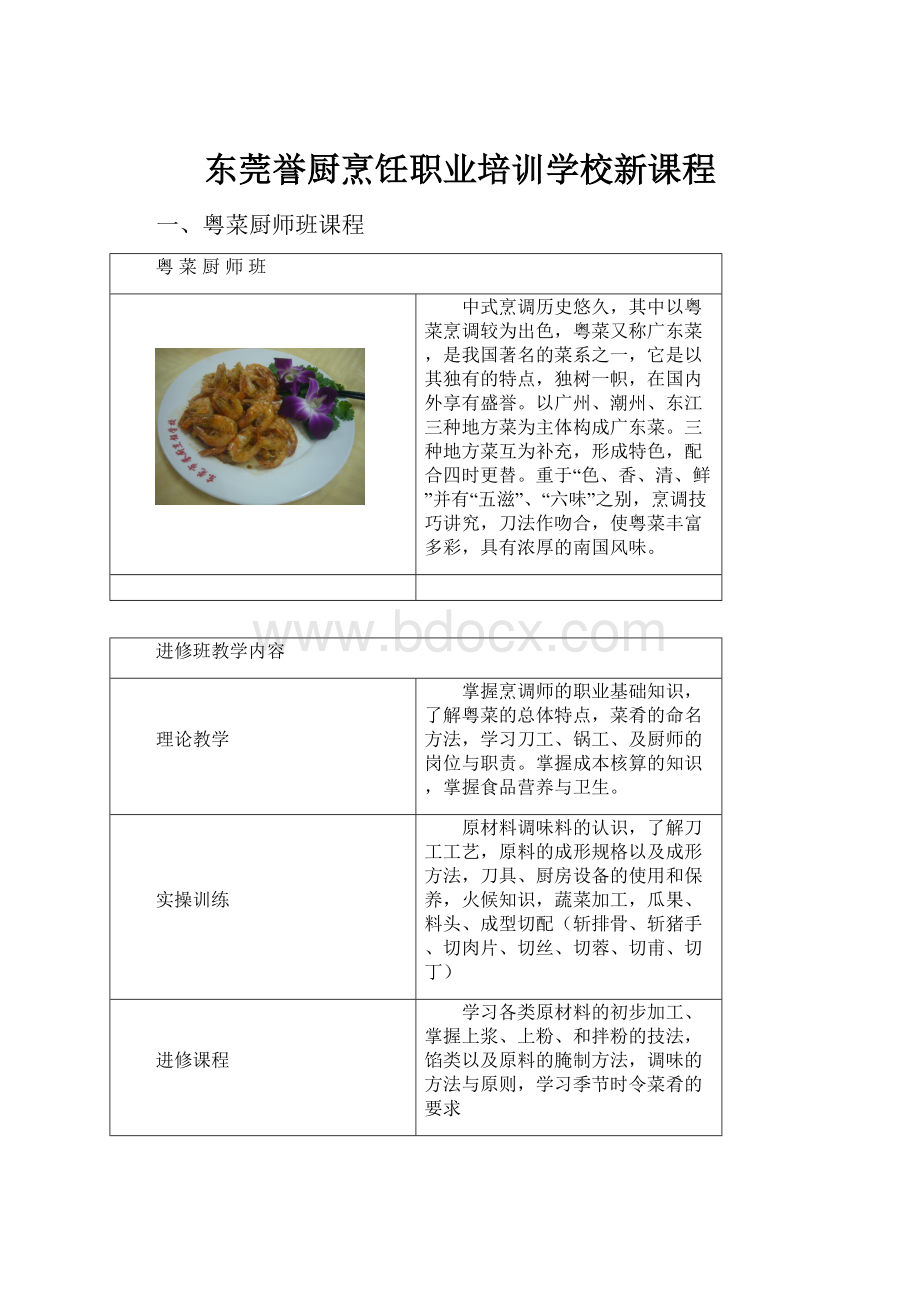 东莞誉厨烹饪职业培训学校新课程.docx