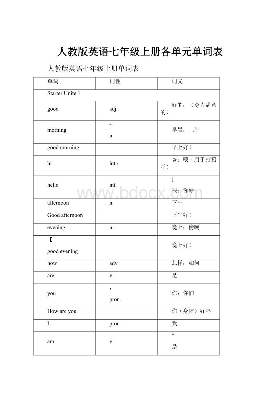 人教版英语七年级上册各单元单词表.docx