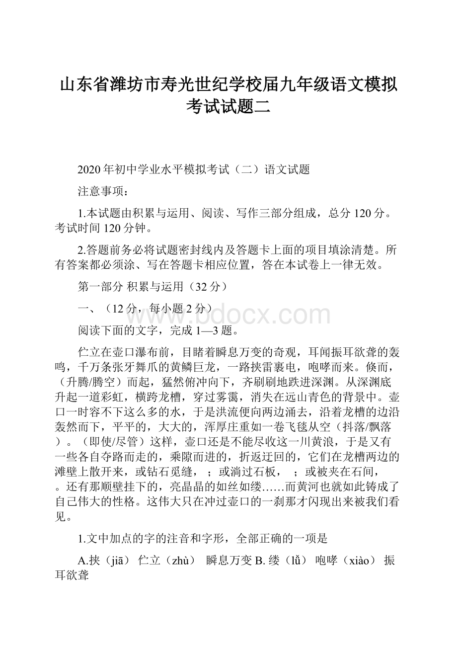 山东省潍坊市寿光世纪学校届九年级语文模拟考试试题二.docx