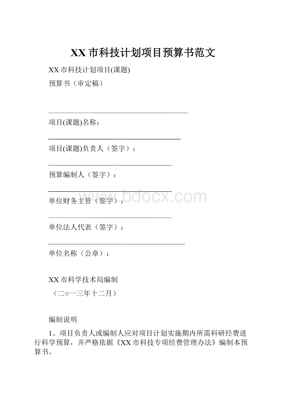 XX市科技计划项目预算书范文.docx