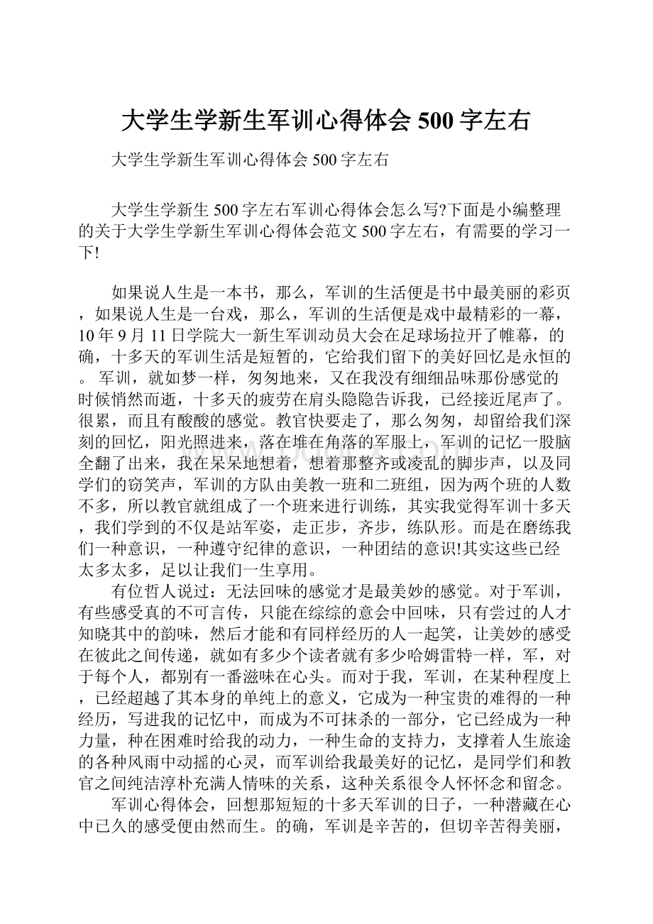 大学生学新生军训心得体会500字左右.docx_第1页