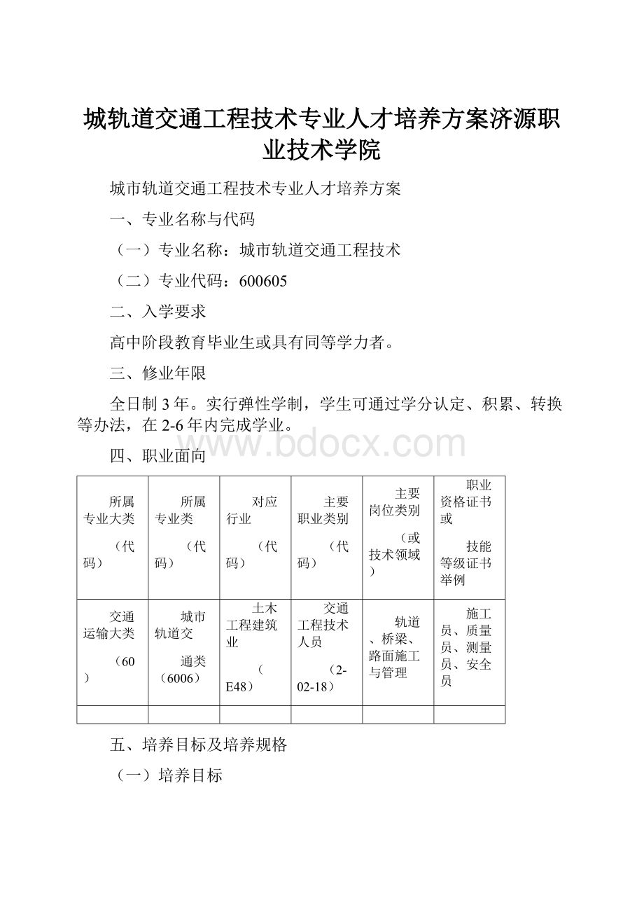 城轨道交通工程技术专业人才培养方案济源职业技术学院.docx