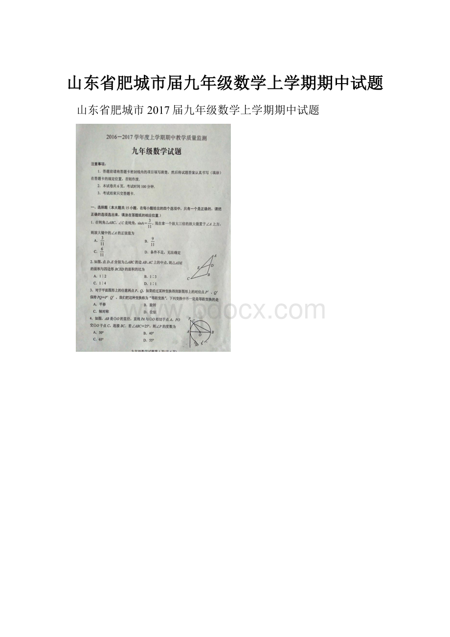 山东省肥城市届九年级数学上学期期中试题.docx