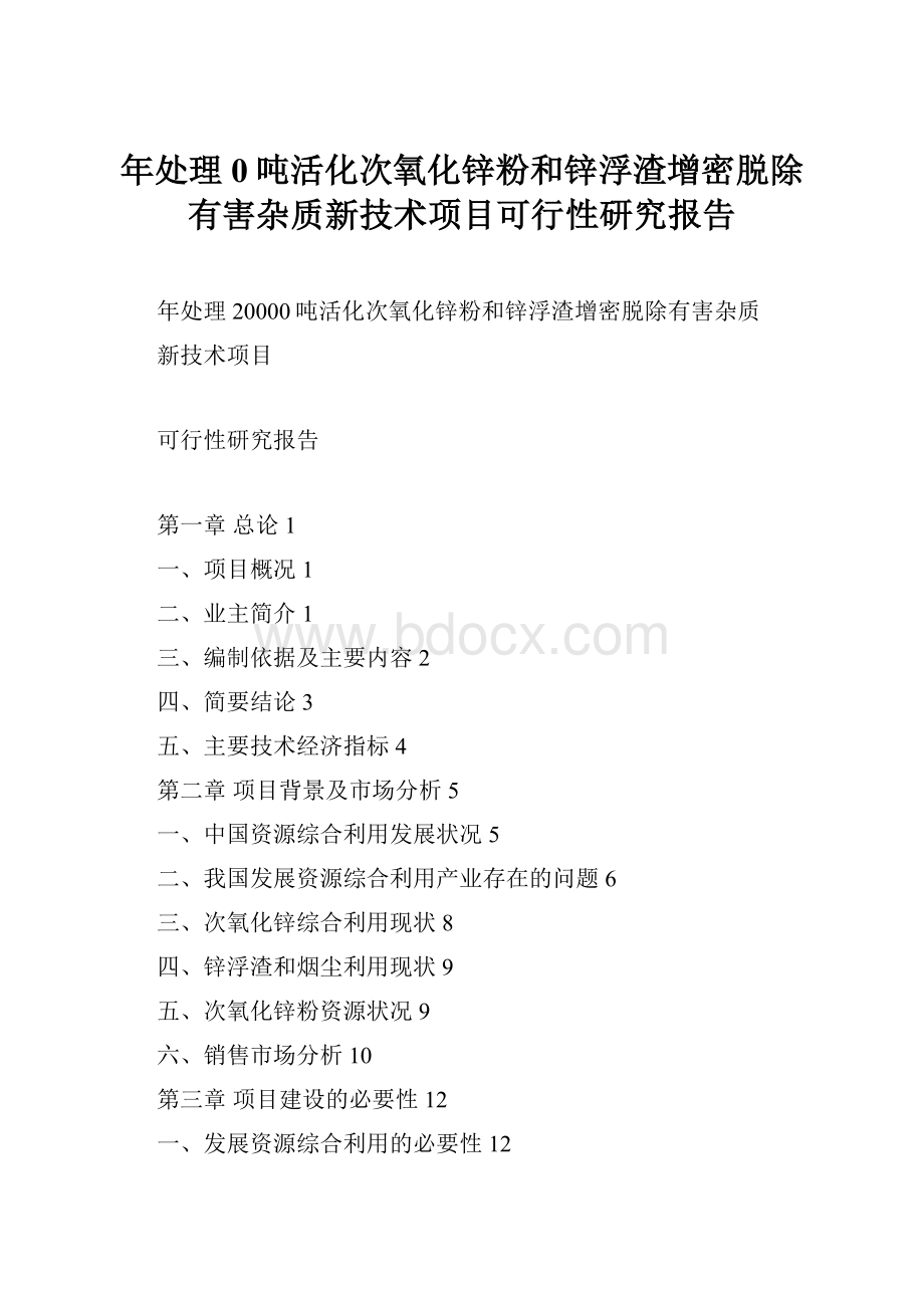 年处理0吨活化次氧化锌粉和锌浮渣增密脱除有害杂质新技术项目可行性研究报告.docx