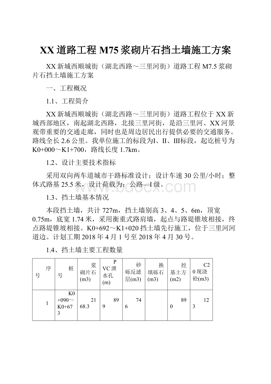 XX道路工程M75浆砌片石挡土墙施工方案.docx