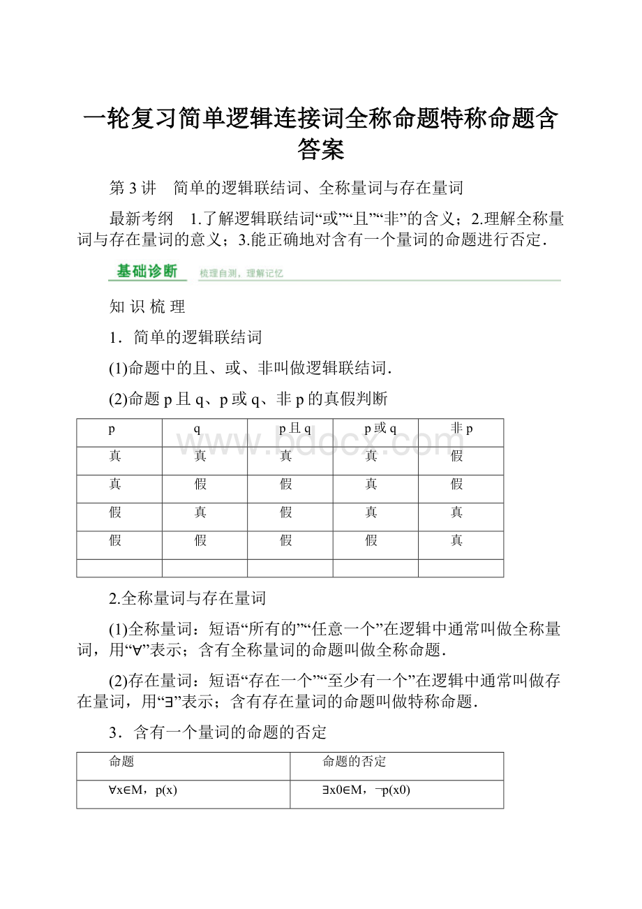 一轮复习简单逻辑连接词全称命题特称命题含答案.docx_第1页