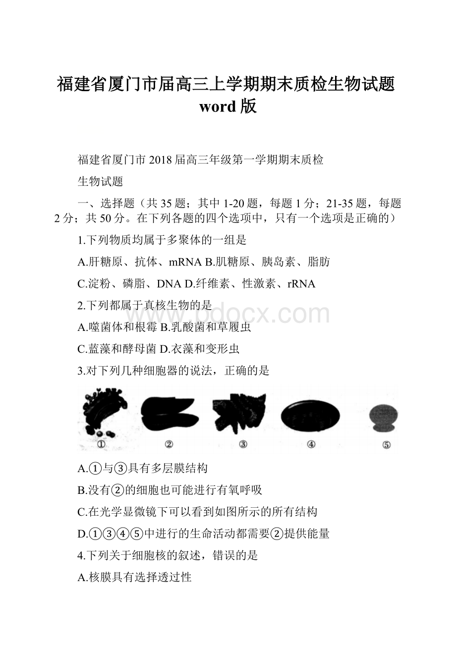 福建省厦门市届高三上学期期末质检生物试题word版.docx