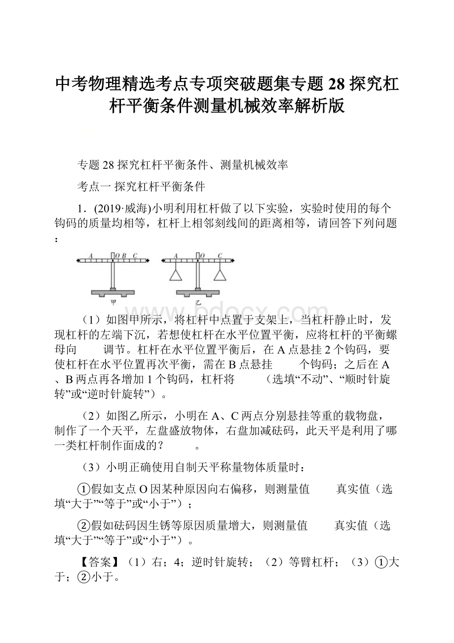 中考物理精选考点专项突破题集专题28 探究杠杆平衡条件测量机械效率解析版.docx