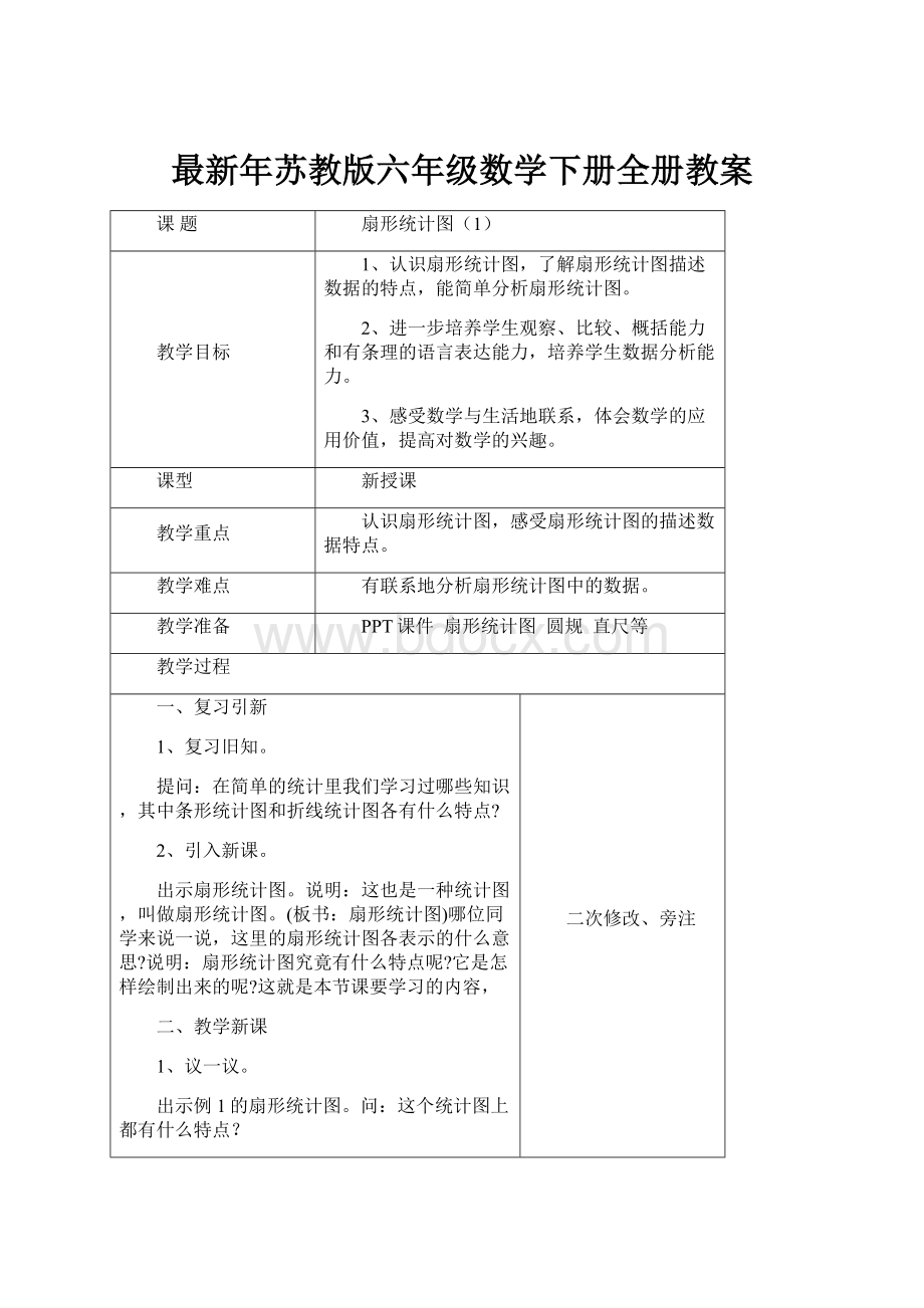 最新年苏教版六年级数学下册全册教案.docx