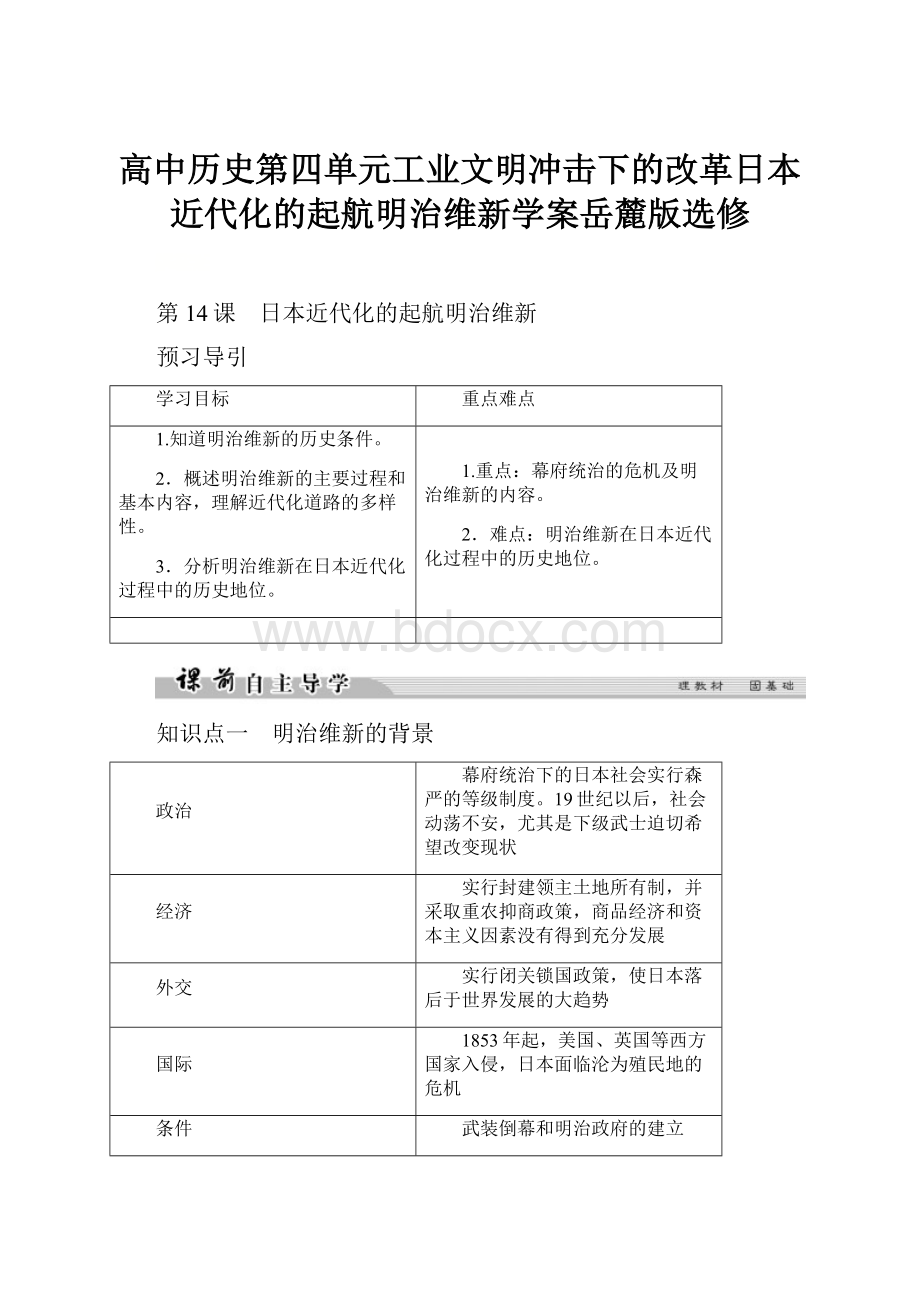 高中历史第四单元工业文明冲击下的改革日本近代化的起航明治维新学案岳麓版选修.docx