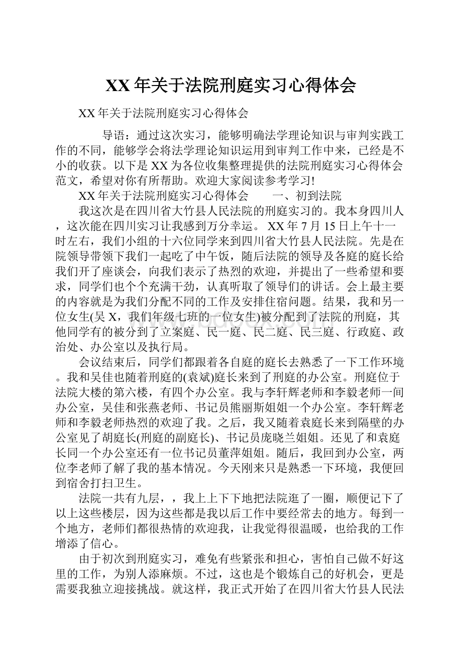 XX年关于法院刑庭实习心得体会.docx