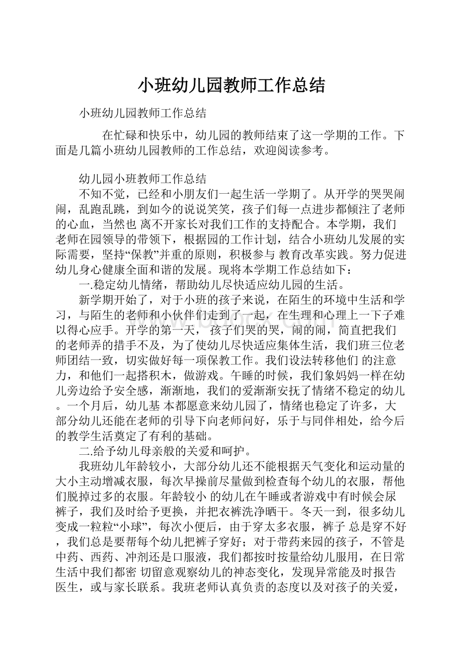 小班幼儿园教师工作总结.docx