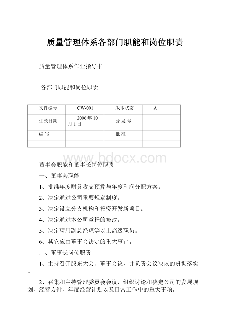 质量管理体系各部门职能和岗位职责.docx_第1页