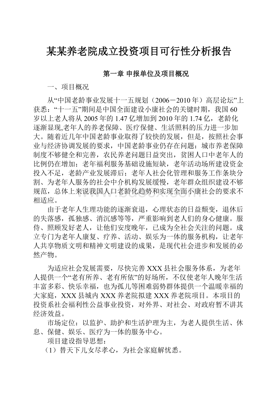 某某养老院成立投资项目可行性分析报告.docx