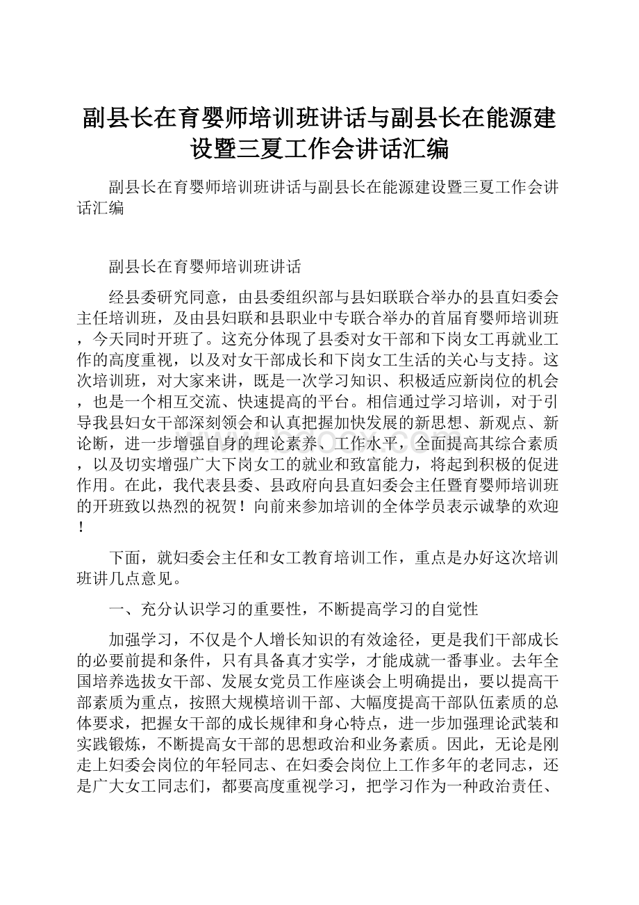 副县长在育婴师培训班讲话与副县长在能源建设暨三夏工作会讲话汇编.docx