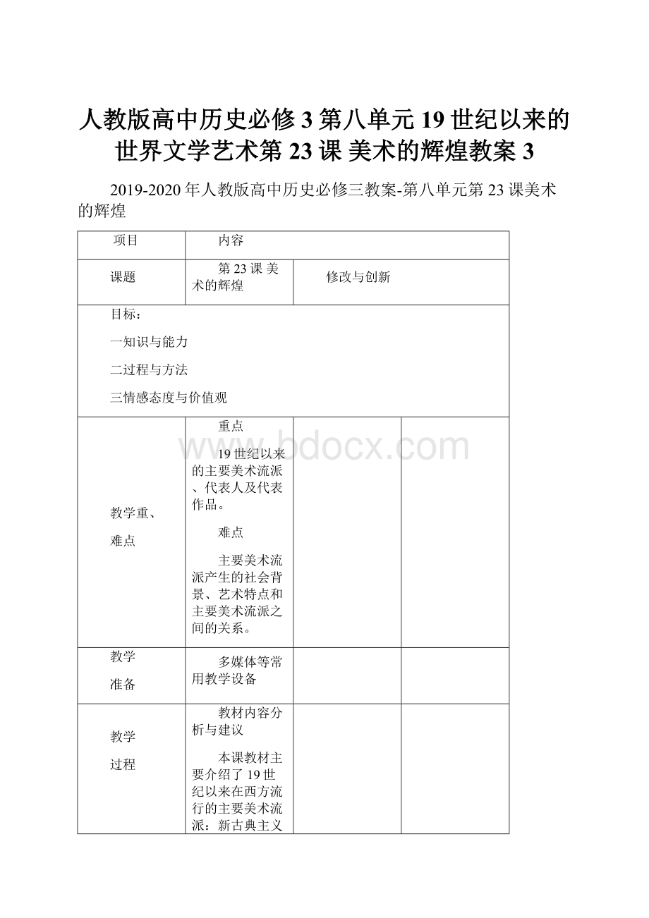 人教版高中历史必修3第八单元 19世纪以来的世界文学艺术第23课 美术的辉煌教案3.docx