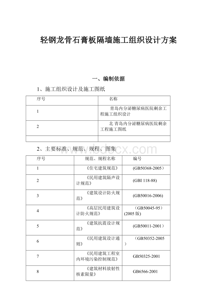 轻钢龙骨石膏板隔墙施工组织设计方案.docx_第1页