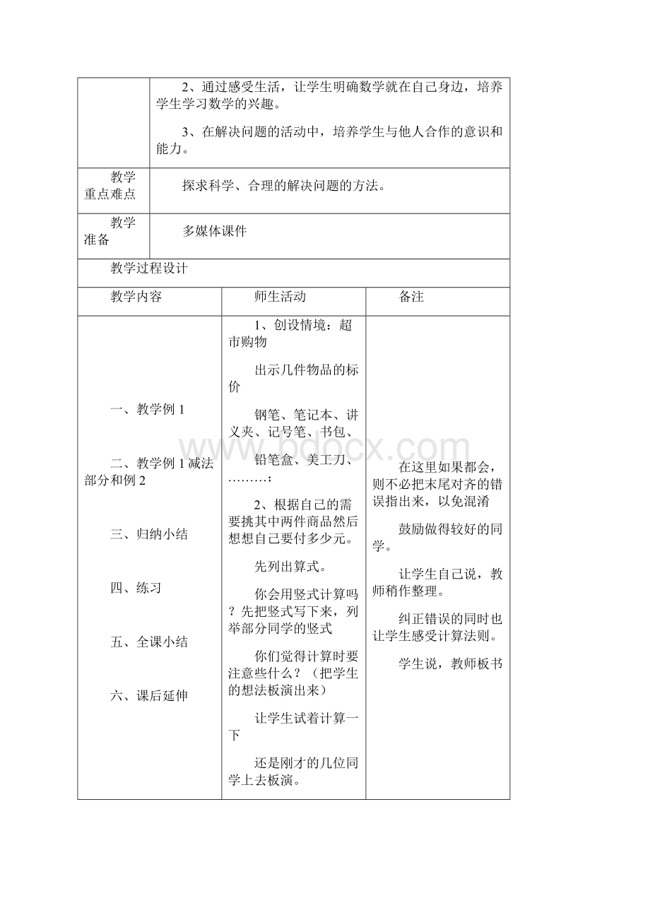 小数加法和减法单元教学计划.docx_第3页