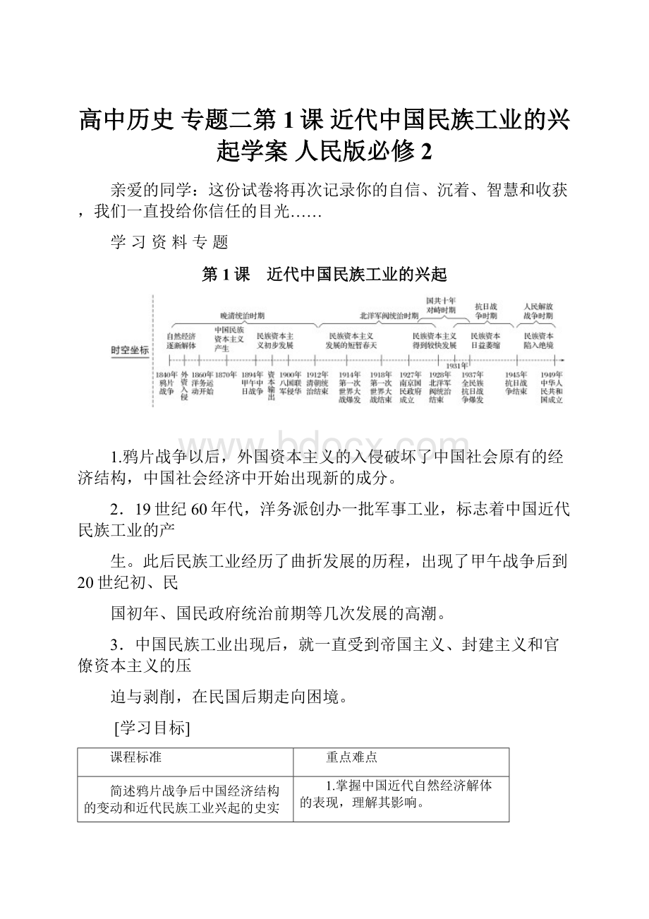 高中历史 专题二第1课 近代中国民族工业的兴起学案 人民版必修2.docx