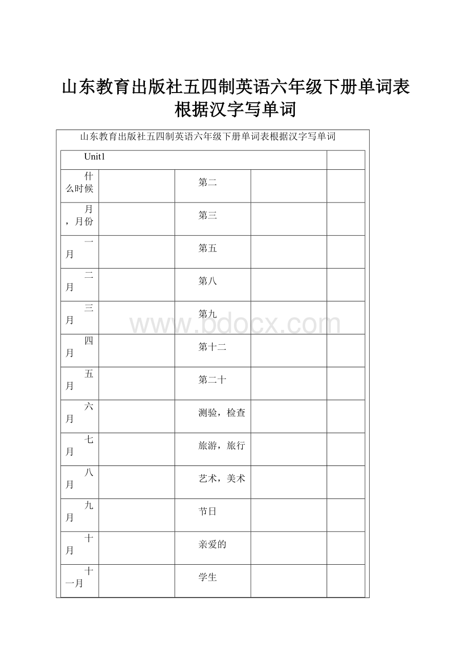 山东教育出版社五四制英语六年级下册单词表根据汉字写单词.docx_第1页