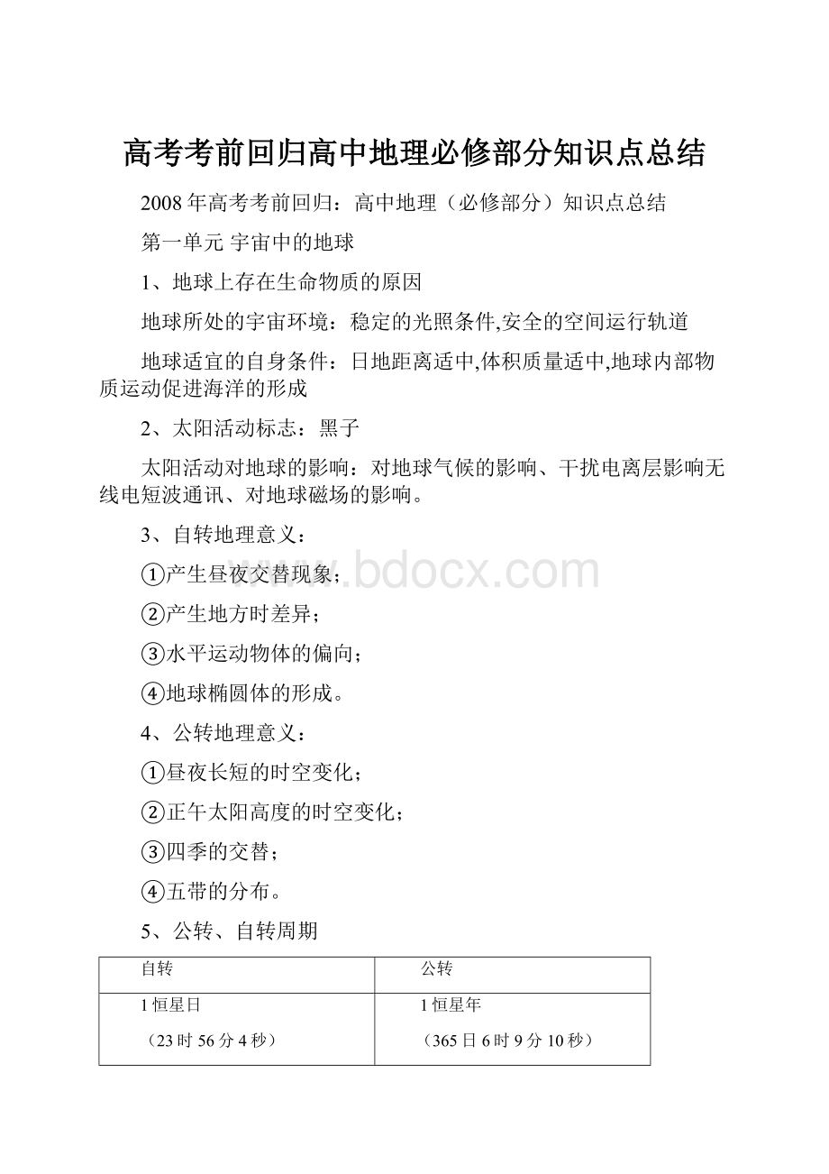 高考考前回归高中地理必修部分知识点总结.docx