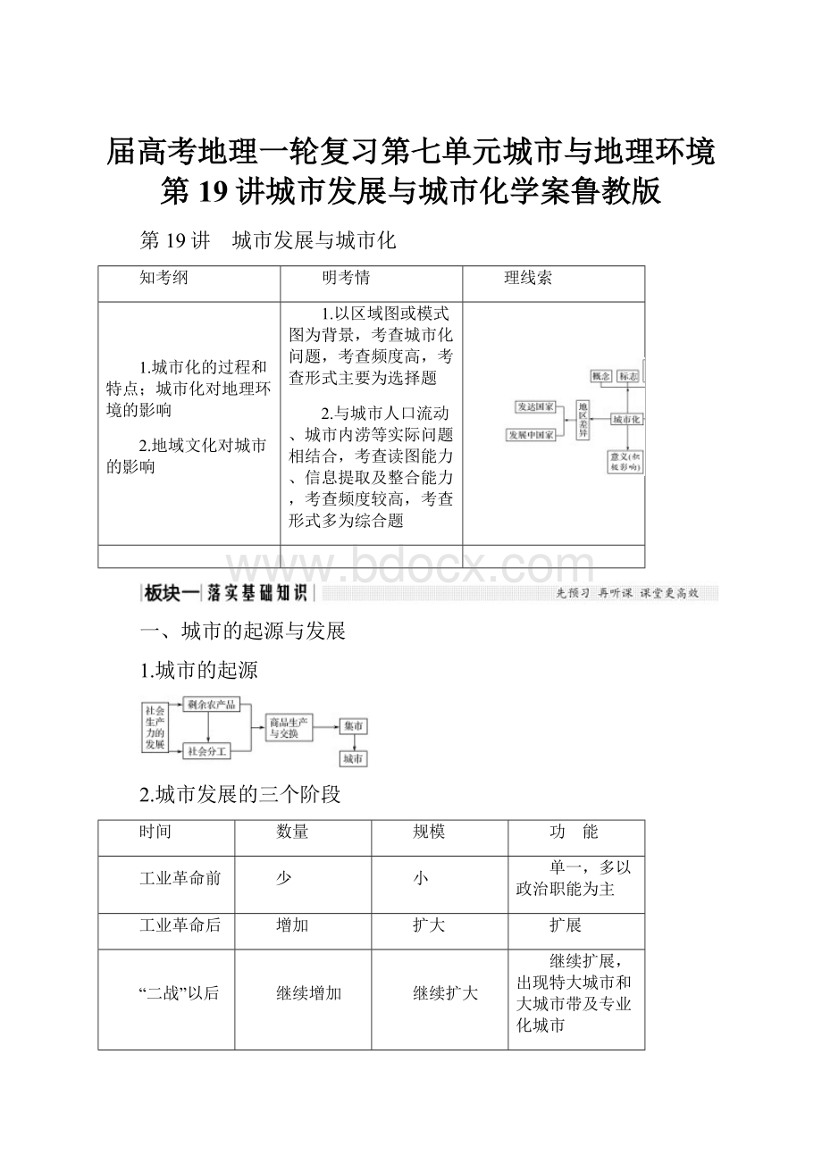 届高考地理一轮复习第七单元城市与地理环境第19讲城市发展与城市化学案鲁教版.docx