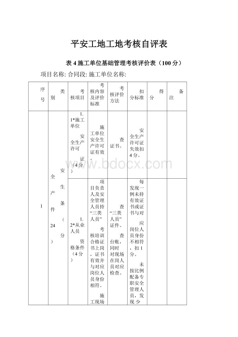 平安工地工地考核自评表.docx