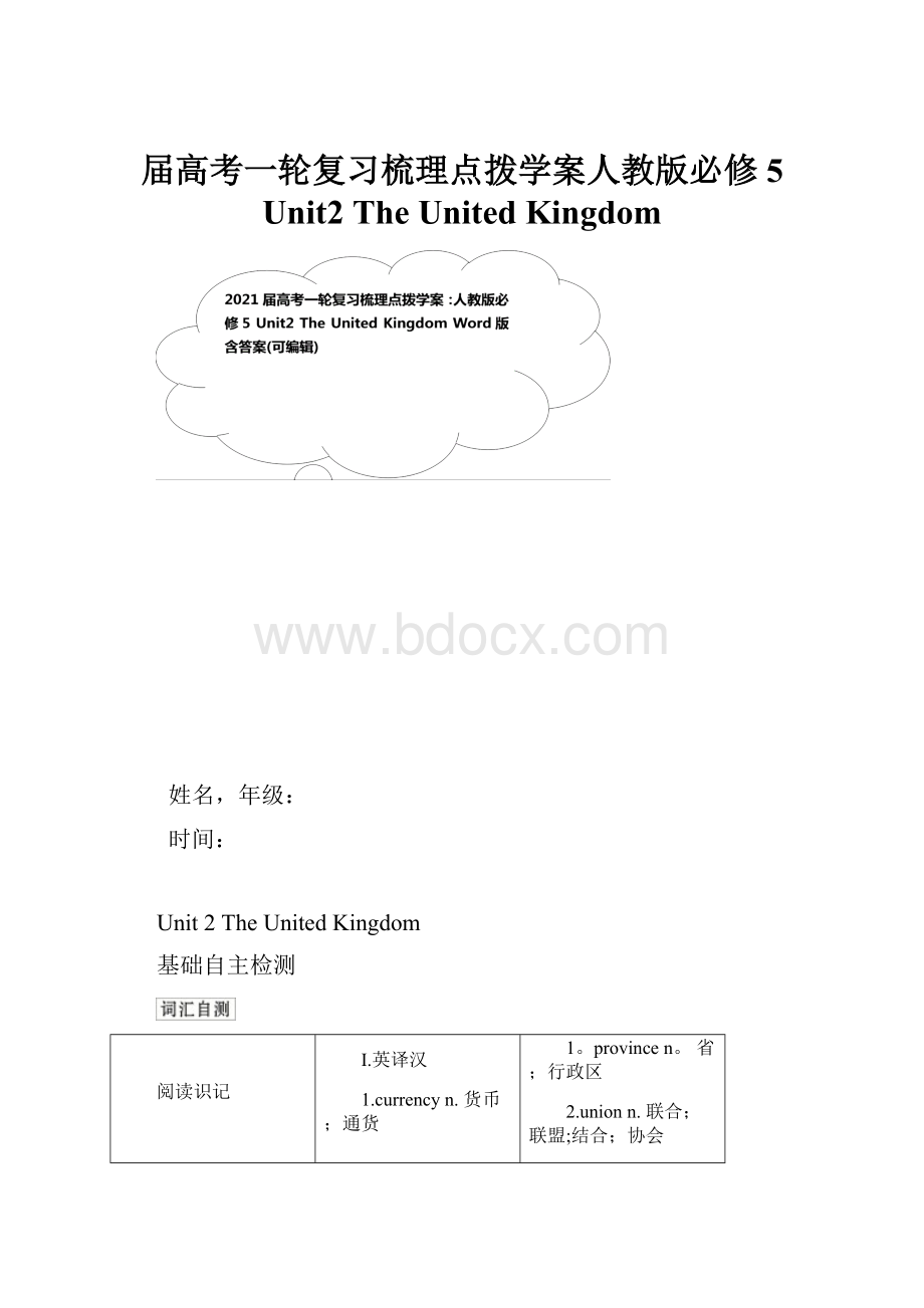 届高考一轮复习梳理点拨学案人教版必修5 Unit2 The United Kingdom.docx_第1页