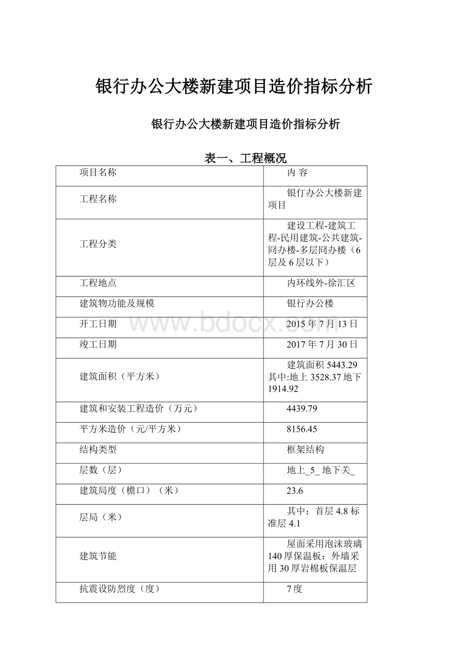 银行办公大楼新建项目造价指标分析.docx