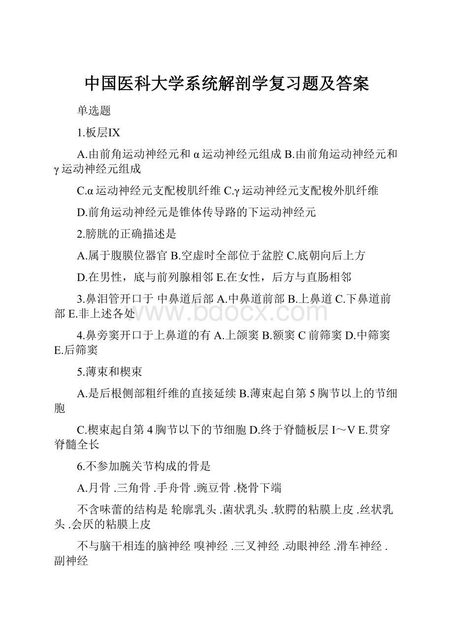 中国医科大学系统解剖学复习题及答案.docx